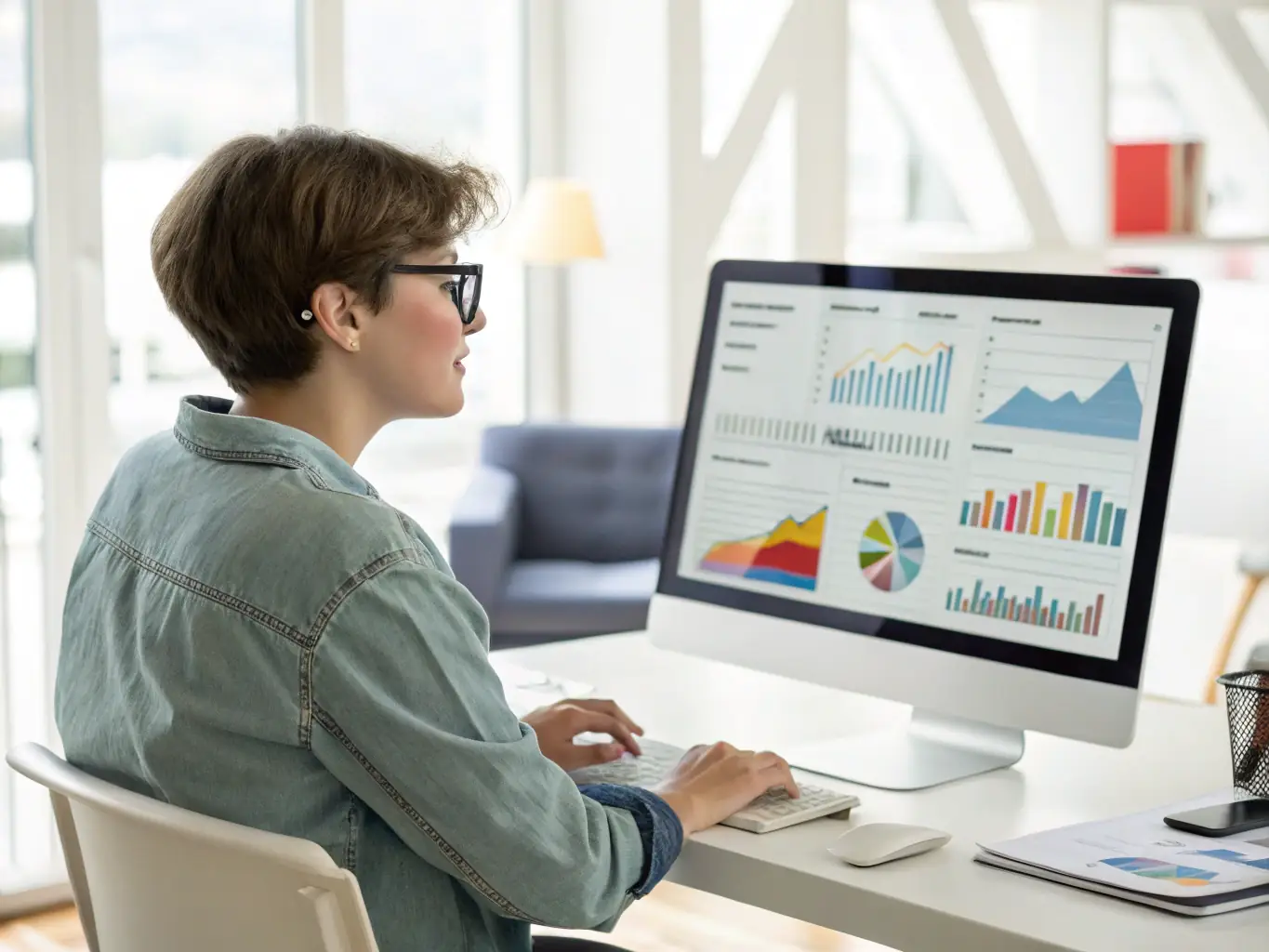 A focused digital marketing expert analyzing Google Ads performance metrics on a dashboard, showcasing data-driven insights and optimization strategies.